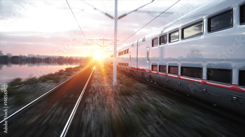 Plakat Elektryczny pociąg pasażerski. Bardzo szybka jazda. koncepcja podróży i podróży. 3d rendering.