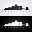 Sacramento USA skyline and landmarks silhouette, black and white design.