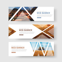 Set Of Horizontal White Banners With Triangular Shapes For A Photo.