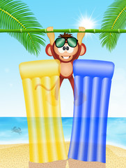 Wall Mural - monkey and inflatables mattress on the beach