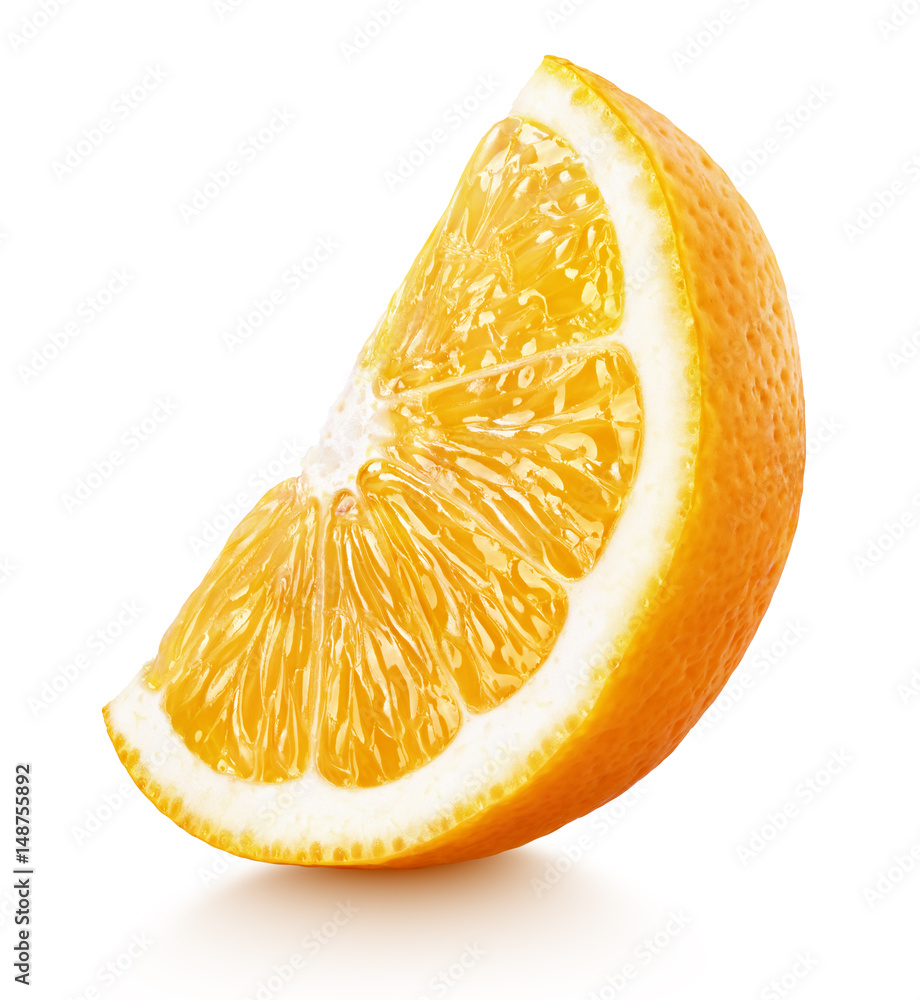 Standing ripe slice of orange citrus fruit isolated on white background ...