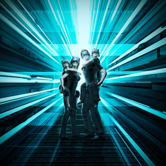Wall Mural - virtual reality family / 3d illustration computer generated family experiencing virtual reality toge
