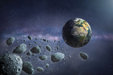 Wall Mural - group of dangerous asteroids flying to planet earth