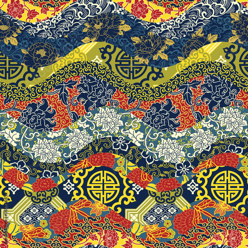Chinese style waves patchwork seamless pattern Tableau sur Toile