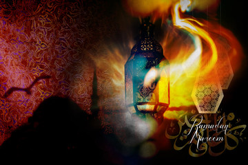 Ramadan Kareem Eid Mubarak greetings islamic muslim holiday background with colorful eid lamps or lanterns