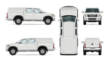Pickup Truck Vector Template For Car Branding And Advertising. Isolated Car On White Background. All Layers And Groups Well Organized For Easy Editing And Recolor. View From Side, Front, Back, Top.