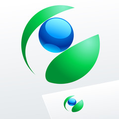 Sticker - Vector logo with abstract green leaf and blue round drop. Emblem for Ecology, Pharmacy, Cosmetic activity