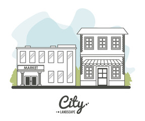 city landscape market store building stree tree line vector illustration