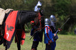 Trzech rycerzy stoi przy koniu na polanie.