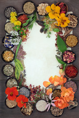 Poster - Herbal medicine selection of fresh and dried herbs and flowers forming a border on parchment paper over oak background.