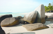 Natural Rock Formation On White Sand Beach At The Coast In Belitung Island In The Morning Indonesia.