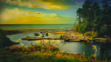 Digital Painting Autumn Cove And Pacific Ocean At Sunset