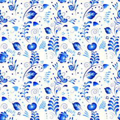  Traditional russian seamless pattern in gzhel style. Can be used for wallpapers, print, gift wrap, scrapbooking, banner, card, poster, invitation, label, menu, page decoration or web design
