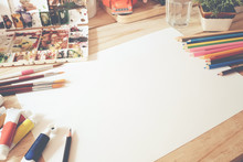 Hero Header Concept A Desk Of Artist Color Pencils And Paper On Wood Table With Vintage Tone