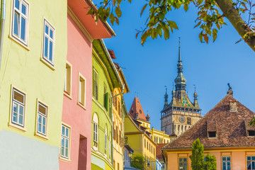 Wall Mural - The Clock Tower in the medieval city of Sighisoara, Transylvania landmark, Romania