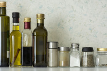Bottles Of Oils, Jars Of Condiments, Salt, Spices