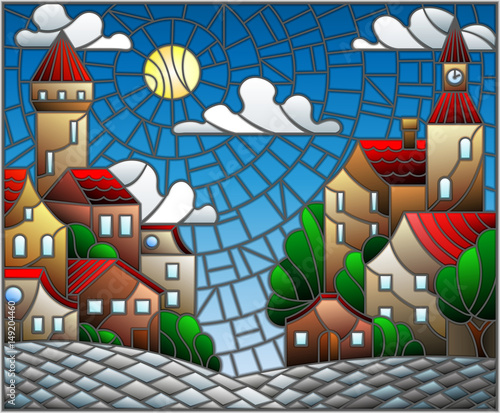 ilustracja-w-stylu-witrazu-krajobraz-miejski-dachy-i-drzewa-na-dzien-niebo-i