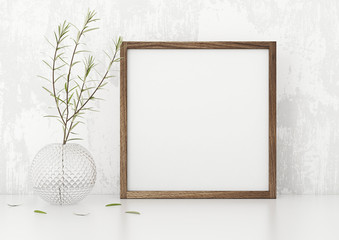 Square frame poster mock up with green plant in vase white stucco wall background. 3d rendering.