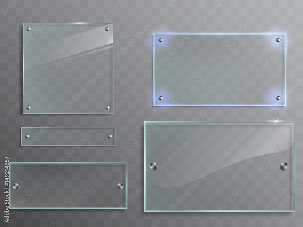 Vector illustration set of transparent glass plates, panels with metal accessories isolated on translucent background - obrazy, fototapety, plakaty 