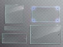 Vector Illustration Set Of Transparent Glass Plates, Panels With Metal Accessories Isolated On Translucent Background