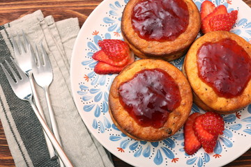 Wall Mural - Cottage cheese patties with strawberry jam.