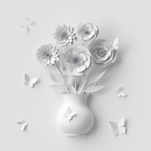 3d Render, White Paper Flowers Inside Cute Vase, Flying Buterflies, Wedding Greeting Card