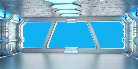Wall Mural - spaceship blue and white interior 3d rendering
