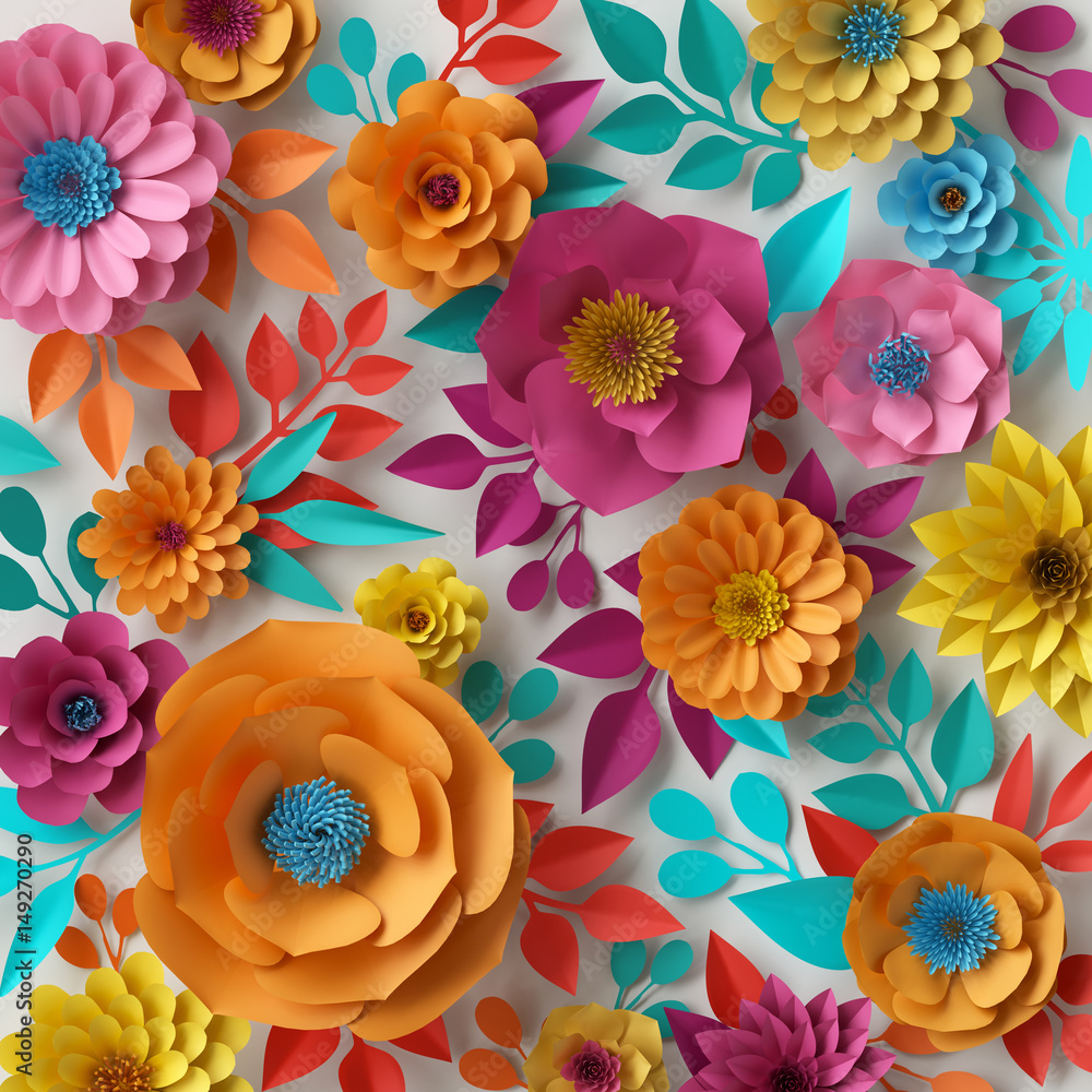 3d render, digital illustration, colorful paper flowers wallpaper, spring  summer background, floral bouquet isolated on white, vibrant colors, mint  pink orange yellow Stock Illustration | Adobe Stock, image size:1000x1000