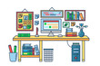 Vector illustration of a computer placed on an office desk. Room table flat color line style.