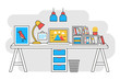 Vector illustration of a computer placed on an office desk. Flat color line style.