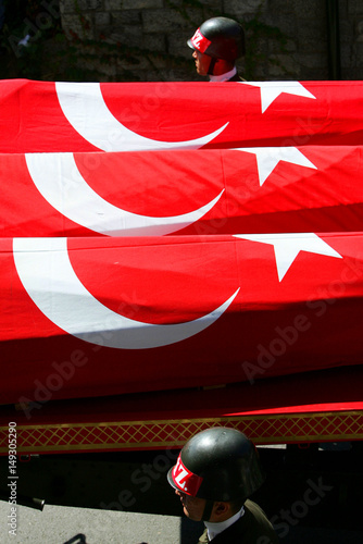 Turkish Soldiers Accompany The Flag Draped Coffins Of Turkish