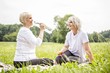 © Science RF - Two women sitting on grass, one drinking water