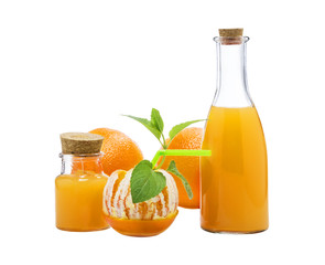 Half-cleared orange fruit with mint leaves, cocktail concept, isolated on white background