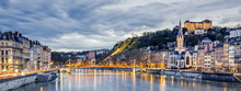 Saone River In Lyon City At Evening