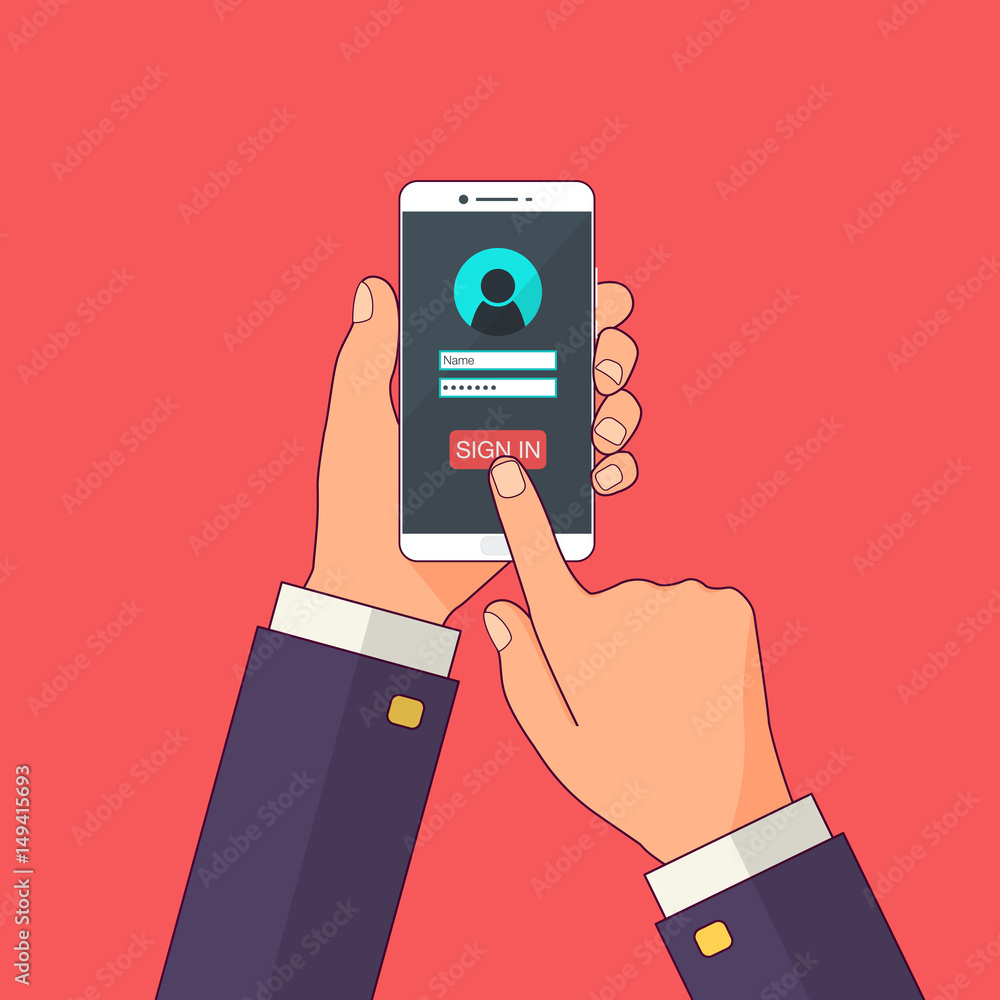 Human Using Mobile App Sign In Sign in page on smartphone screen. Hand hold smartphone, finger touch ...