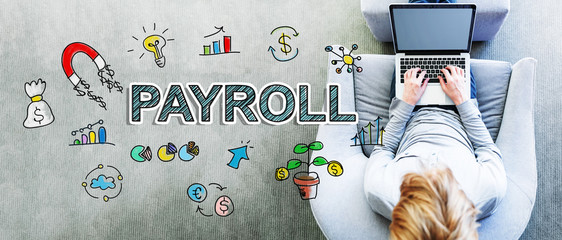 Payroll text with man using a laptop