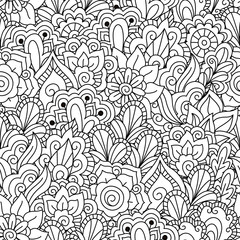  Round element for coloring book. Black and white floral pattern.