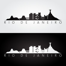 Rio De Janeiro Skyline And Landmarks Silhouette, Black And White Design.