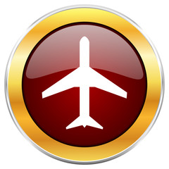 Wall Mural -  Plane red vector icon with golden border isolated on white background.  
