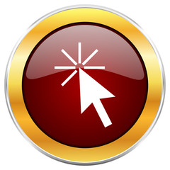Fototapete - Click here red vector icon with golden border isolated on white background.