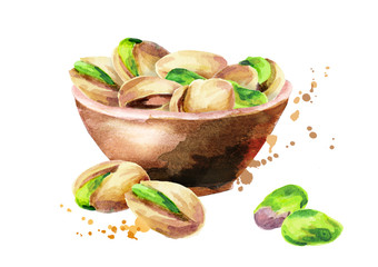 Wall Mural - Bowl of nuts pistachios. Watercolor