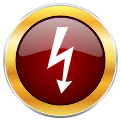 Poster - Bolt red vector icon with golden border isolated on white background.
