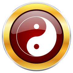 Poster - Ying yang red vector icon with golden border isolated on white background.