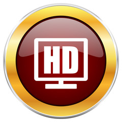 Aufkleber - Hd display red vector icon with golden border isolated on white background.