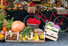 Farm Street Market In City Of Rome. Vegetables, Fruits, Organic Products In The Center Of Roma. Saturday Special Sale.