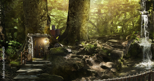 Plakat Mieszkać krasnoludy i elfy w magicznym lesie