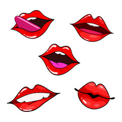 Wall Mural - Female lips set. Mouth with a kiss, smile, tongue, teeth. Vector comic illustration in pop art retro style isolated on white background.