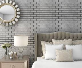3d rendering classic luxury bedroom with pouf and mirror and brick wall