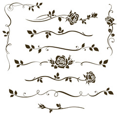 Fototapete - Vector set of floral dividers, calligraphic elements, decorative rose silhouettes for wedding invitation design and page decor