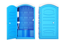 Opened And Closed Mobile Portable Blue Plastic Toilets, 3D Rendering